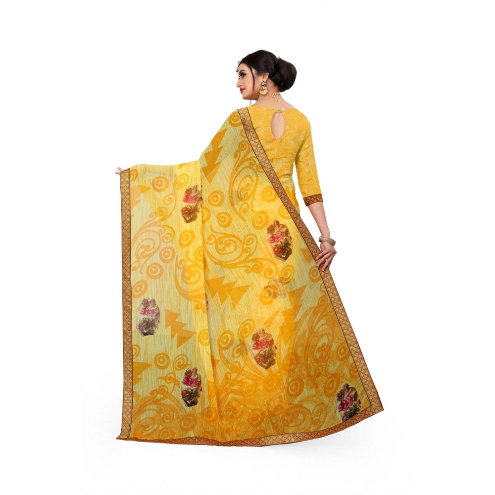 Generic Women's Georgette Floral Print Saree With Unstitched Blouse 5.5Mtr (Yellow) Secondary image