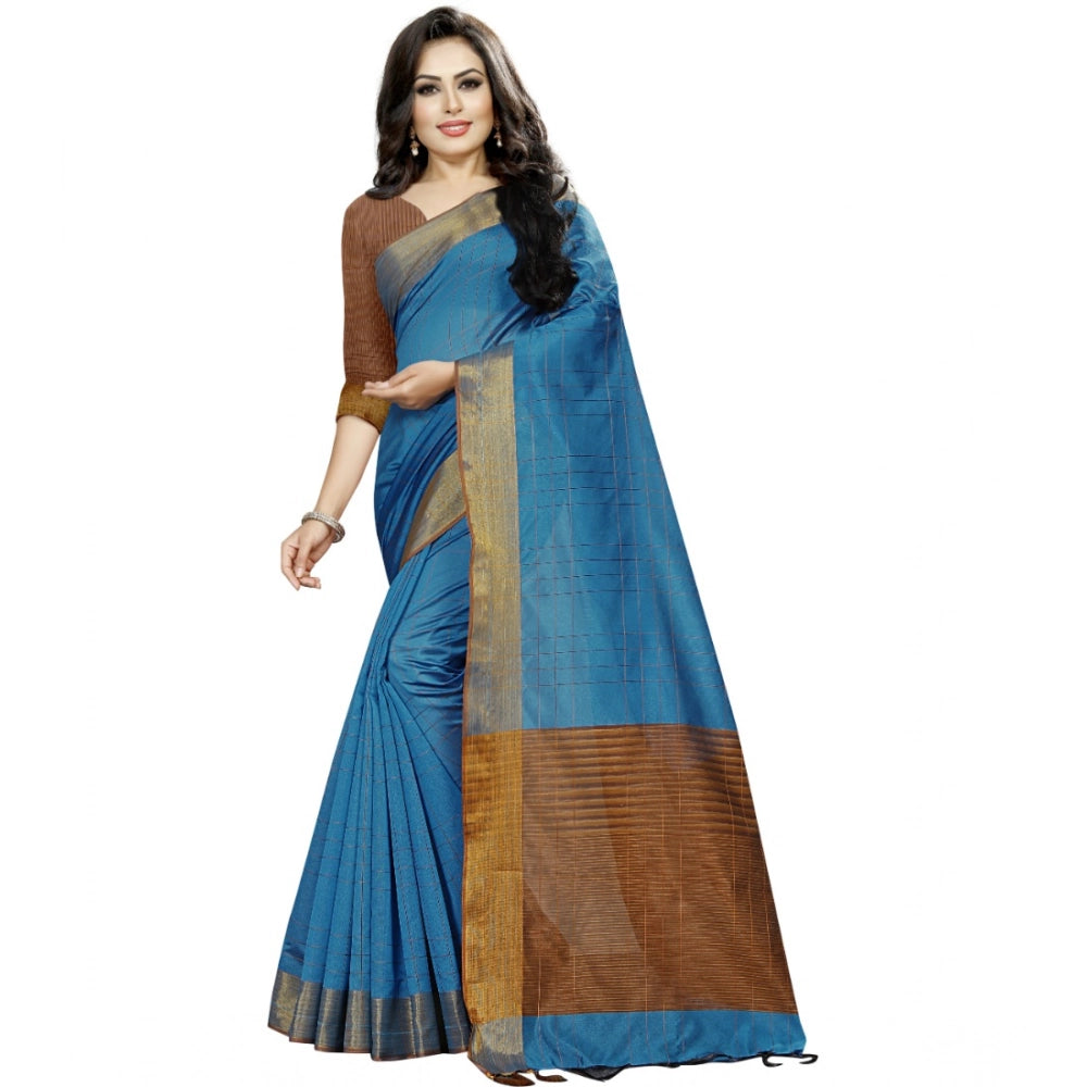 Generic Women's Cotton Silk Self Design Saree With Unstitched Blouse 5.5Mtr (Light Blue) Main image