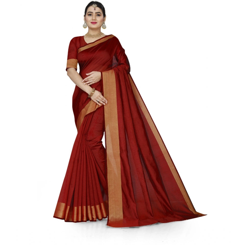 Generic Women's Cotton Silk Self Design Saree With Unstitched Blouse 5.5Mtr (Red) Main image