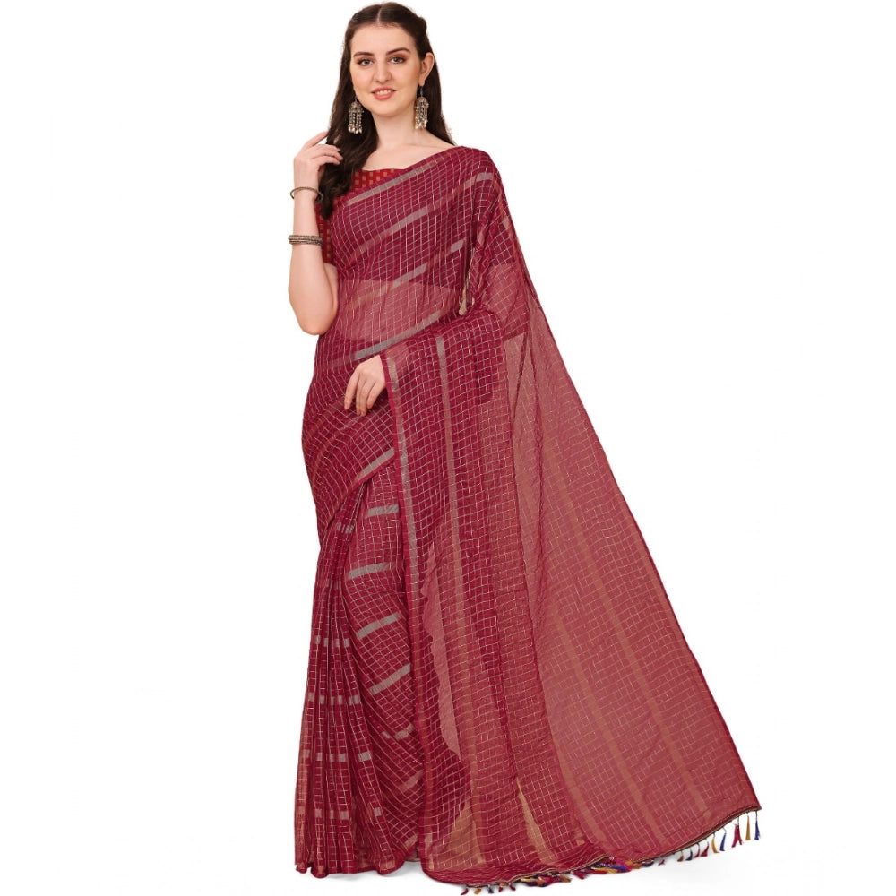 Generic Women's Silk Blend Checkered Saree With Unstitched Blouse 5.5Mtr (Red) Main image