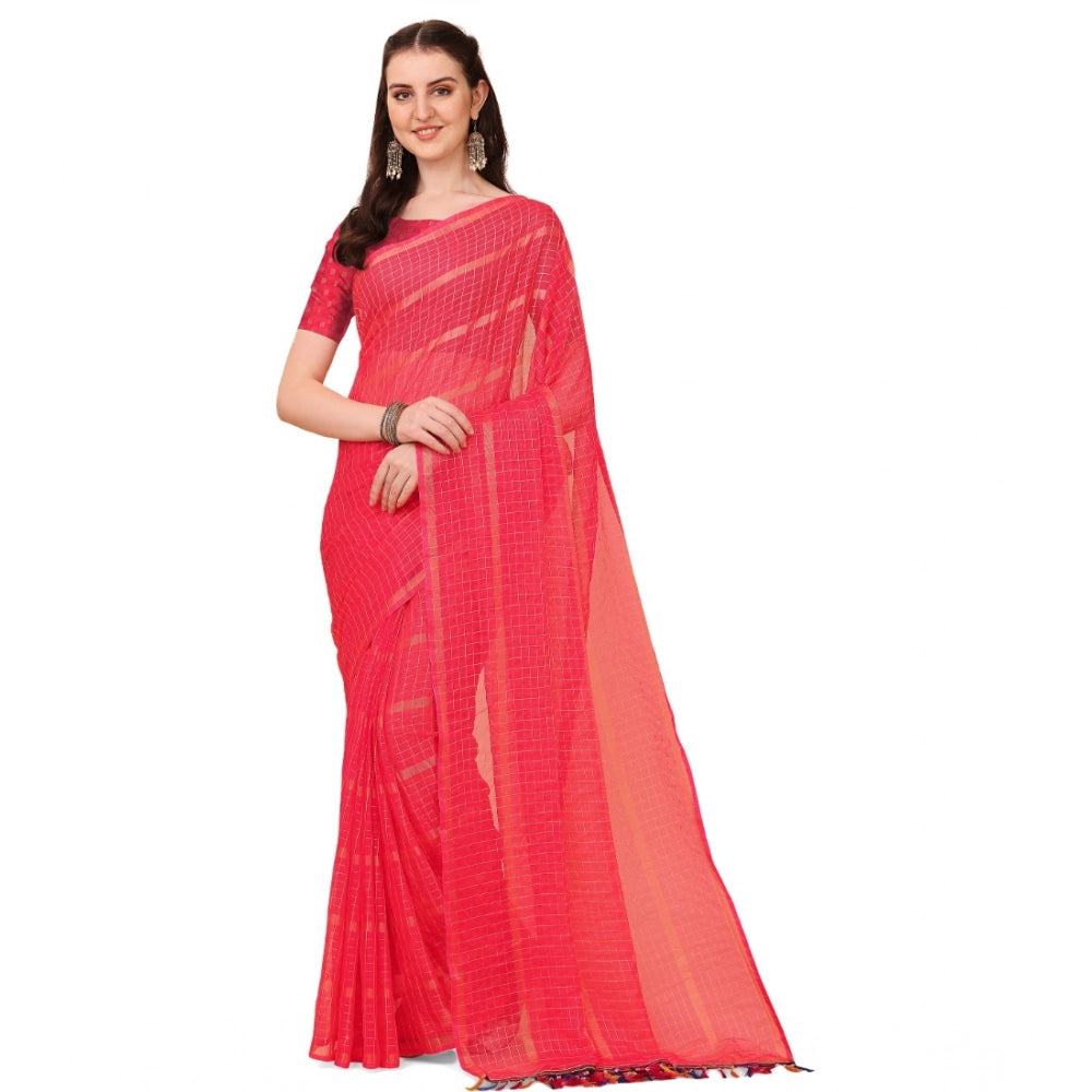 Generic Women's Silk Blend Checkered Saree With Unstitched Blouse 5.5Mtr (Pink) Main image