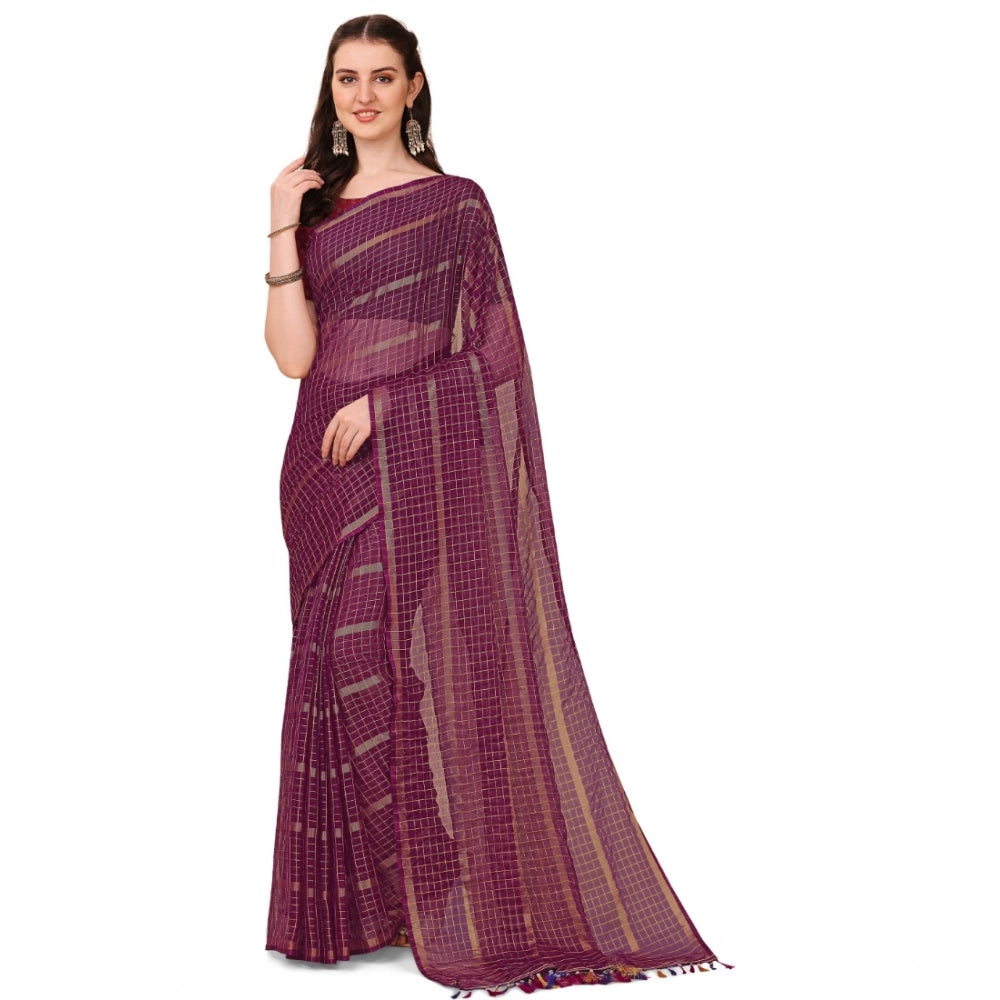 Generic Women's Silk Blend Checkered Saree With Unstitched Blouse 5.5Mtr (Maroon) Main image