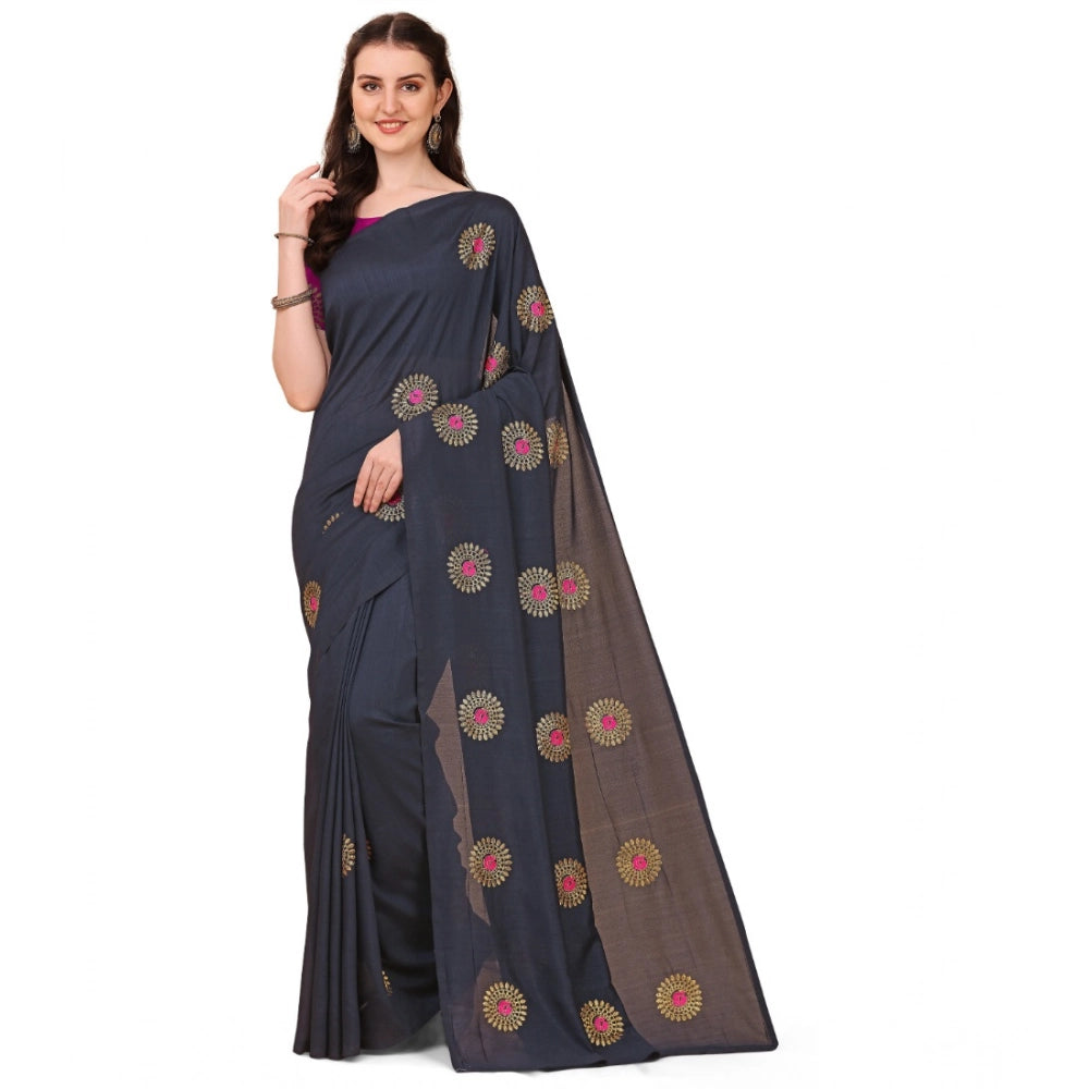 Generic Women's Silk Blend Embroidered Saree With Unstitched Blouse 5.5Mtr (Black) Main image