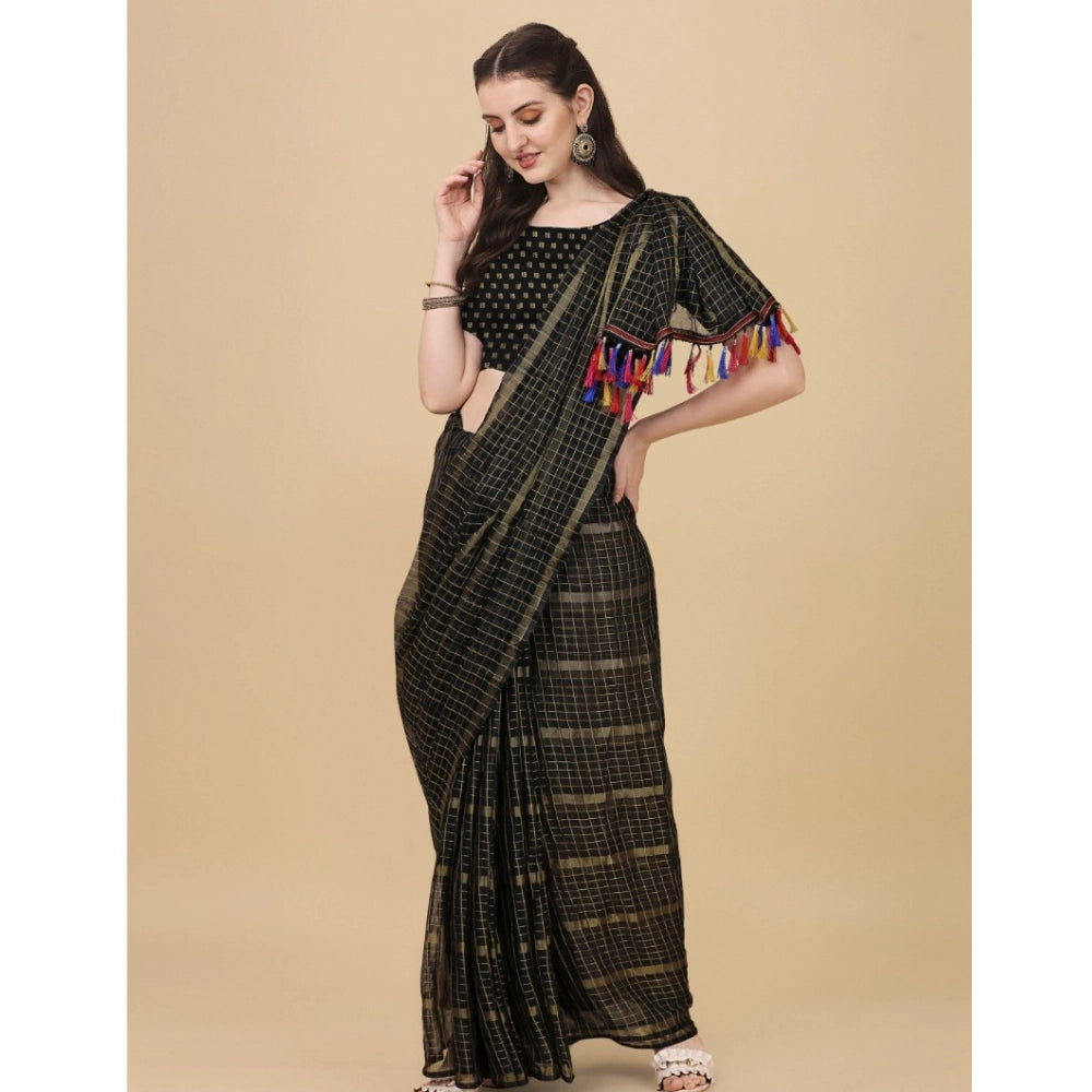 Generic Women's Silk Blend Checkered Saree With Unstitched Blouse 5.5Mtr (Black) Secondary image