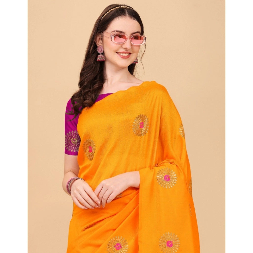 Generic Women's Silk Blend Embroidered Saree With Unstitched Blouse 5.5Mtr (Yellow) Secondary image