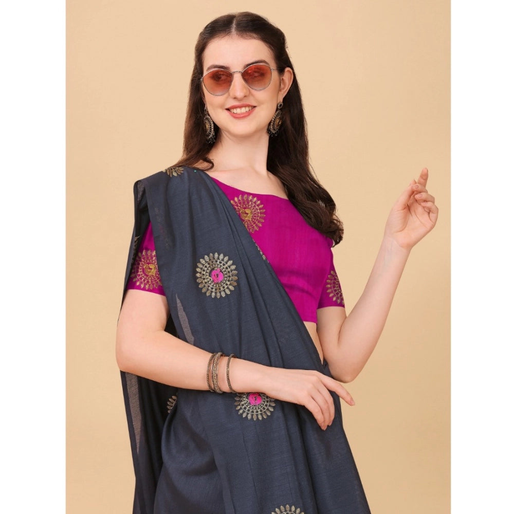 Generic Women's Silk Blend Embroidered Saree With Unstitched Blouse 5.5Mtr (Black) Secondary image