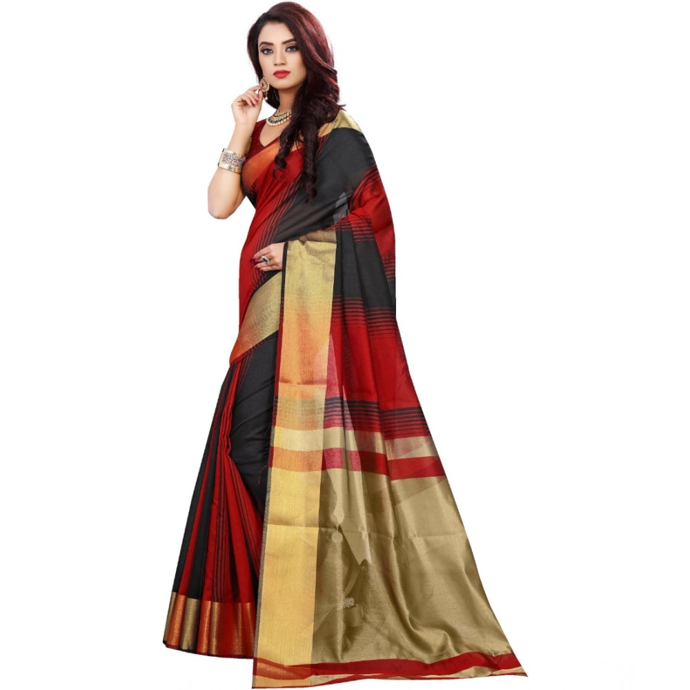 Generic Women's Jacquard Woven Saree With Unstitched Blouse 5.5Mtr (Red-Black) Secondary image