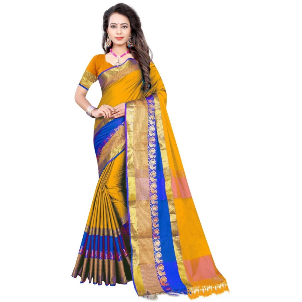 Generic Women's Jacquard Woven Saree With Unstitched Blouse 5.5Mtr (Yellow) Main image