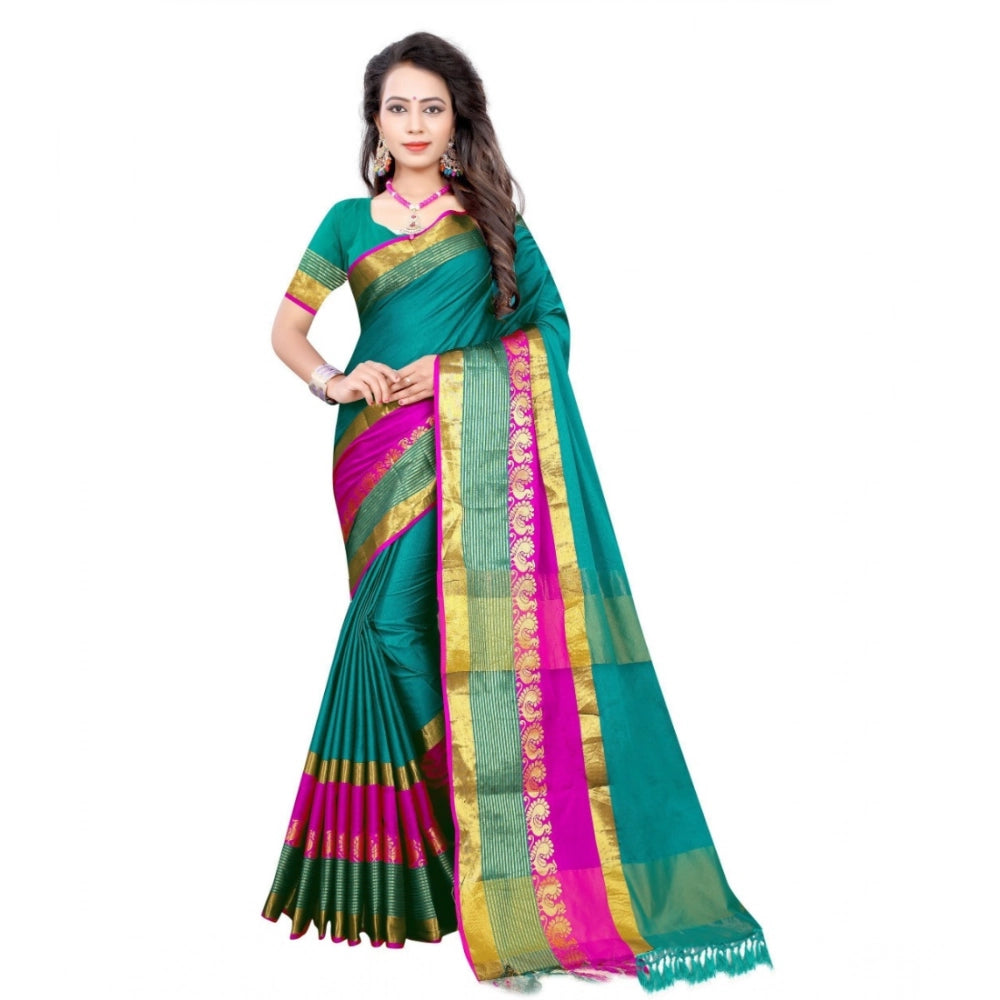 Generic Women's Jacquard Woven Saree With Unstitched Blouse 5.5Mtr (Dark Green) Main image