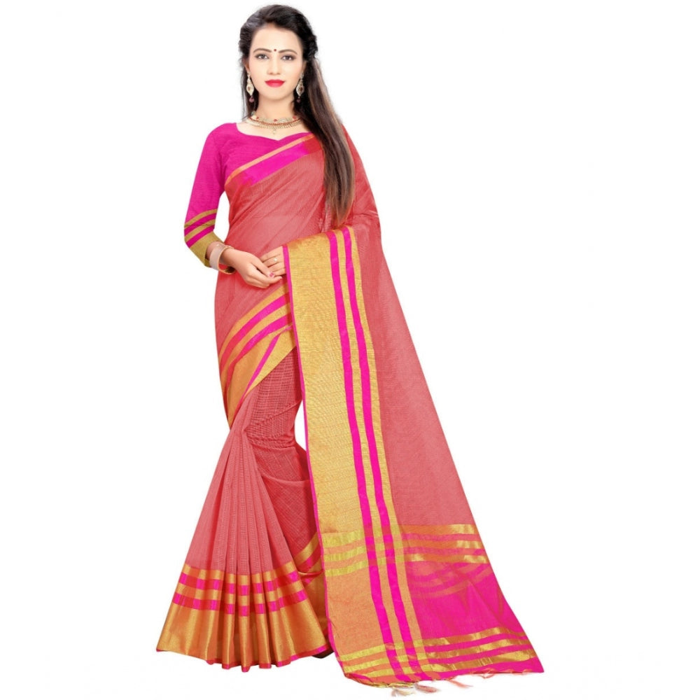Generic Women's Jacquard Striped Saree With Unstitched Blouse 5.5Mtr (Pink) Main image