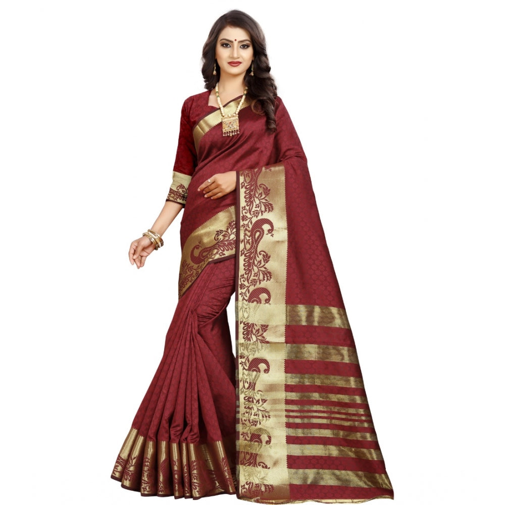Generic Women's Jacquard Woven Saree With Unstitched Blouse 5.5Mtr (Maroon) Main image