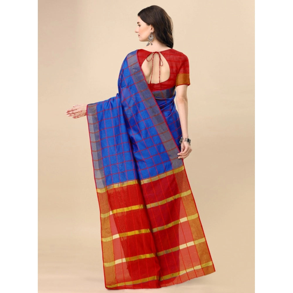 Generic Women's Cotton Silk Checkered Saree With Unstitched Blouse 5.5Mtr (Blue) Secondary image