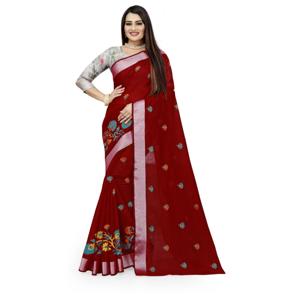 Generic Women's Cotton Silk Embroidered Saree With Unstitched Blouse 5.5Mtr (Maroon) Main image