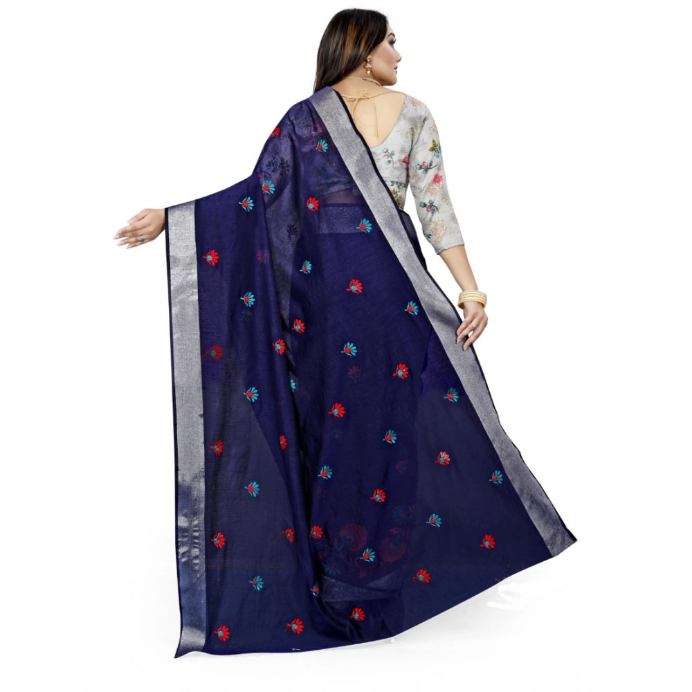Generic Women's Cotton Silk Embroidered Saree With Unstitched Blouse 5.5Mtr (Dark Blue) Secondary image