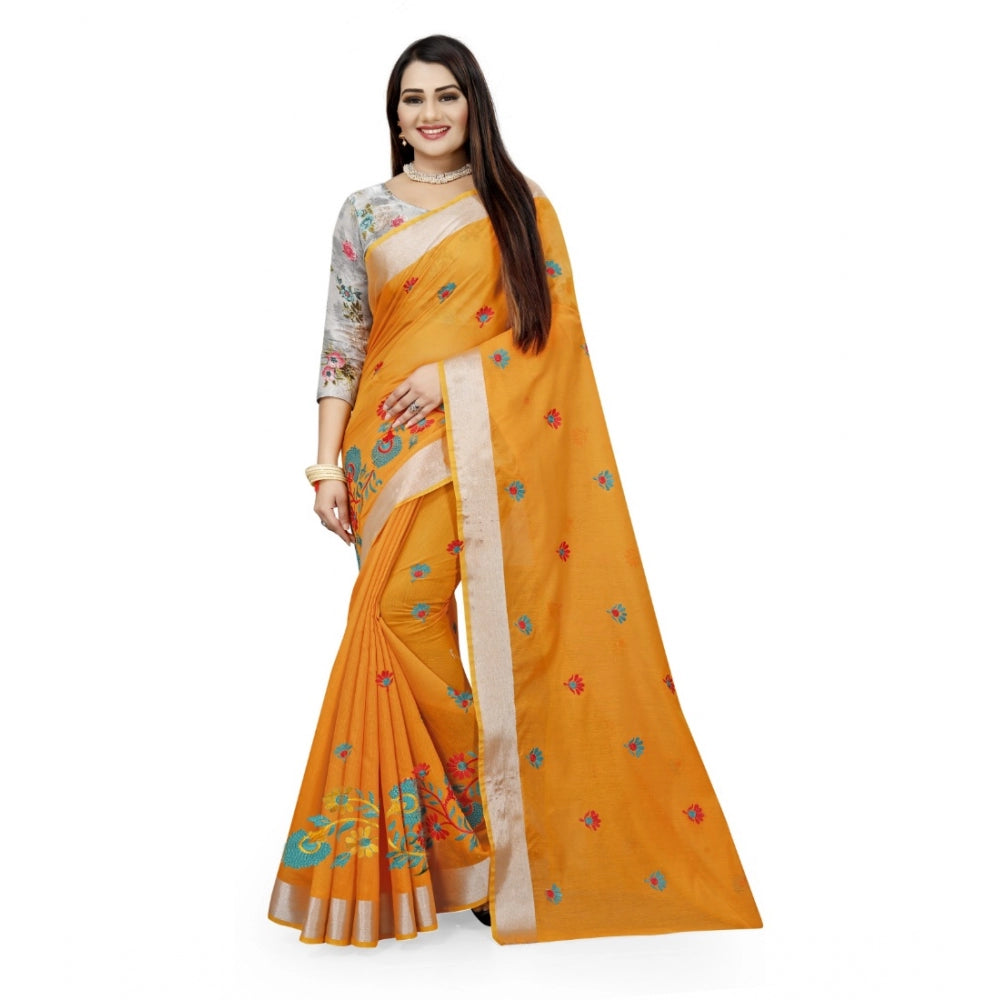 Generic Women's Cotton Silk Embroidered Saree With Unstitched Blouse 5.5Mtr (Yellow) Main image