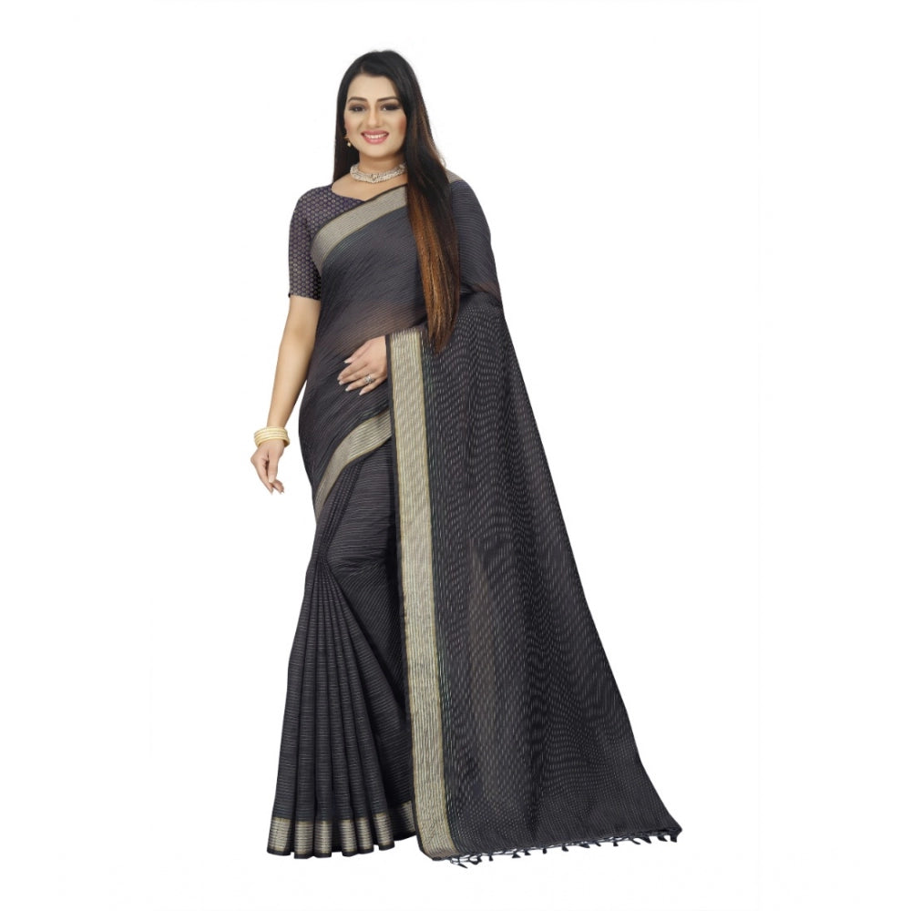 Generic Women's Cotton Blend Solid/Plain Saree With Unstitched Blouse 5.5Mtr (Grey) Main image