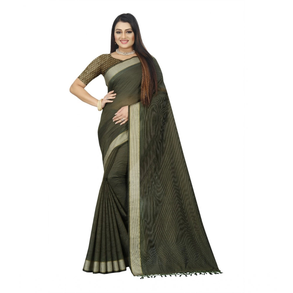 Generic Women's Cotton Blend Solid/Plain Saree With Unstitched Blouse 5.5Mtr (Green) Main image