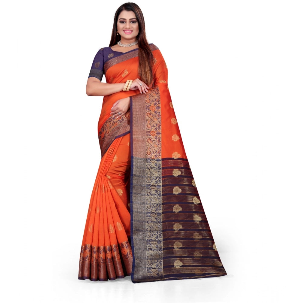 Generic Women's Silk Blend Woven Saree With Unstitched Blouse 5.5Mtr (Orange) Main image