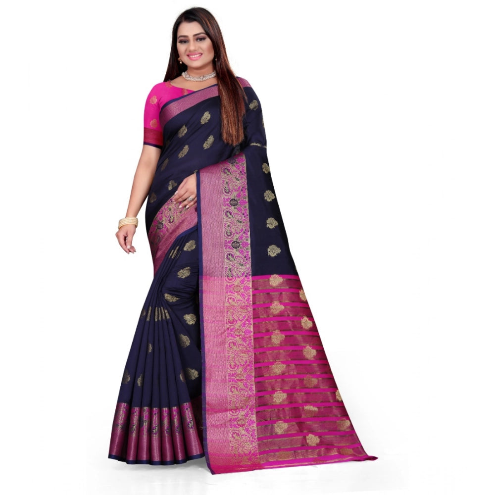 Generic Women's Silk Blend Woven Saree With Unstitched Blouse 5.5Mtr (Dark Blue) Main image