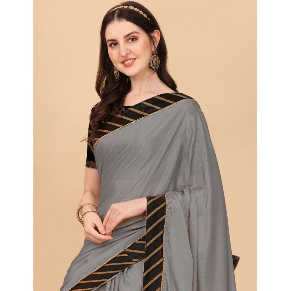 Generic Women's Chiffon Self Design Saree With Unstitched Blouse 5.5Mtr (Silver) Secondary image