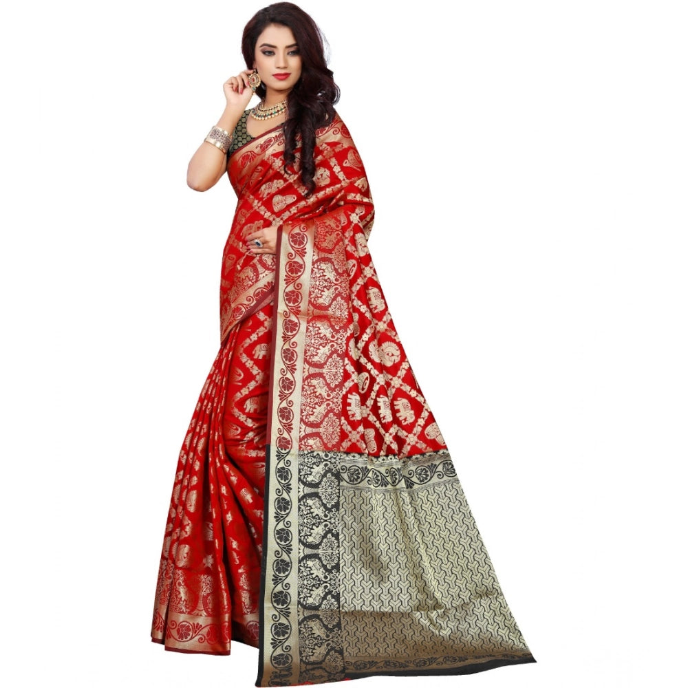 Generic Women's Jacquard Woven Saree With Unstitched Blouse 5.5Mtr (Red) Secondary image