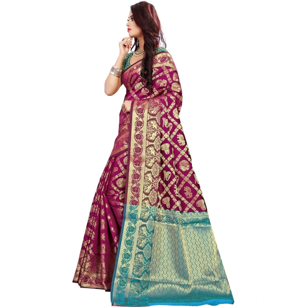 Generic Women's Jacquard Woven Saree With Unstitched Blouse 5.5Mtr (Magenta) Secondary image