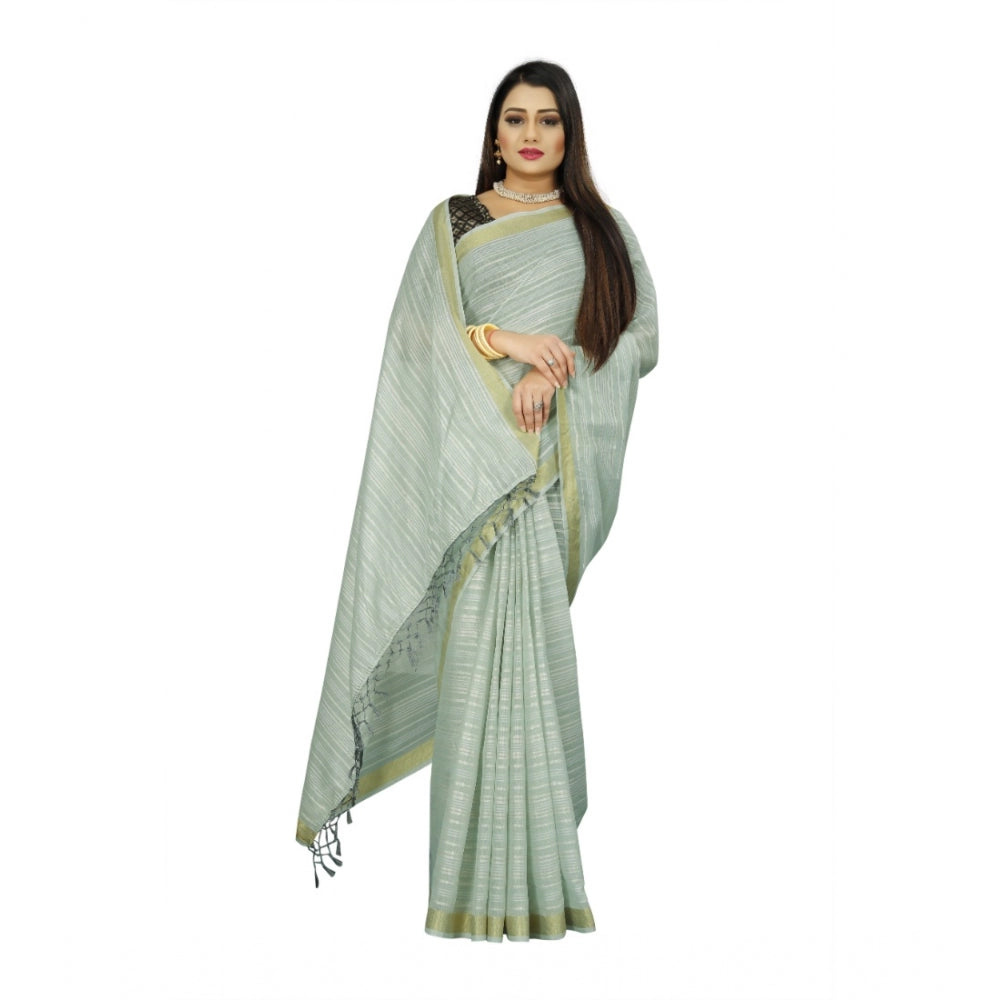 Generic Women's Cotton Blend Solid/Plain Saree With Unstitched Blouse 5.5Mtr (Light Green) Secondary image