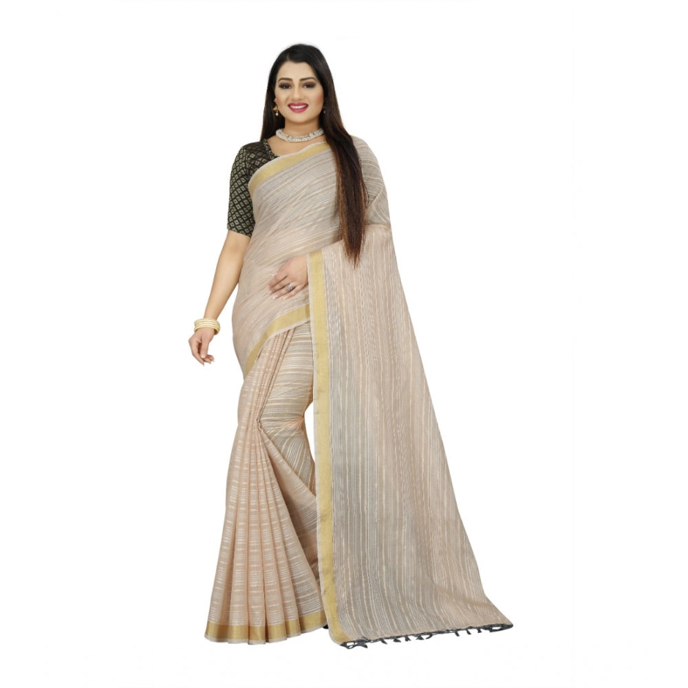 Generic Women's Cotton Blend Solid/Plain Saree With Unstitched Blouse 5.5Mtr (Beige) Main image