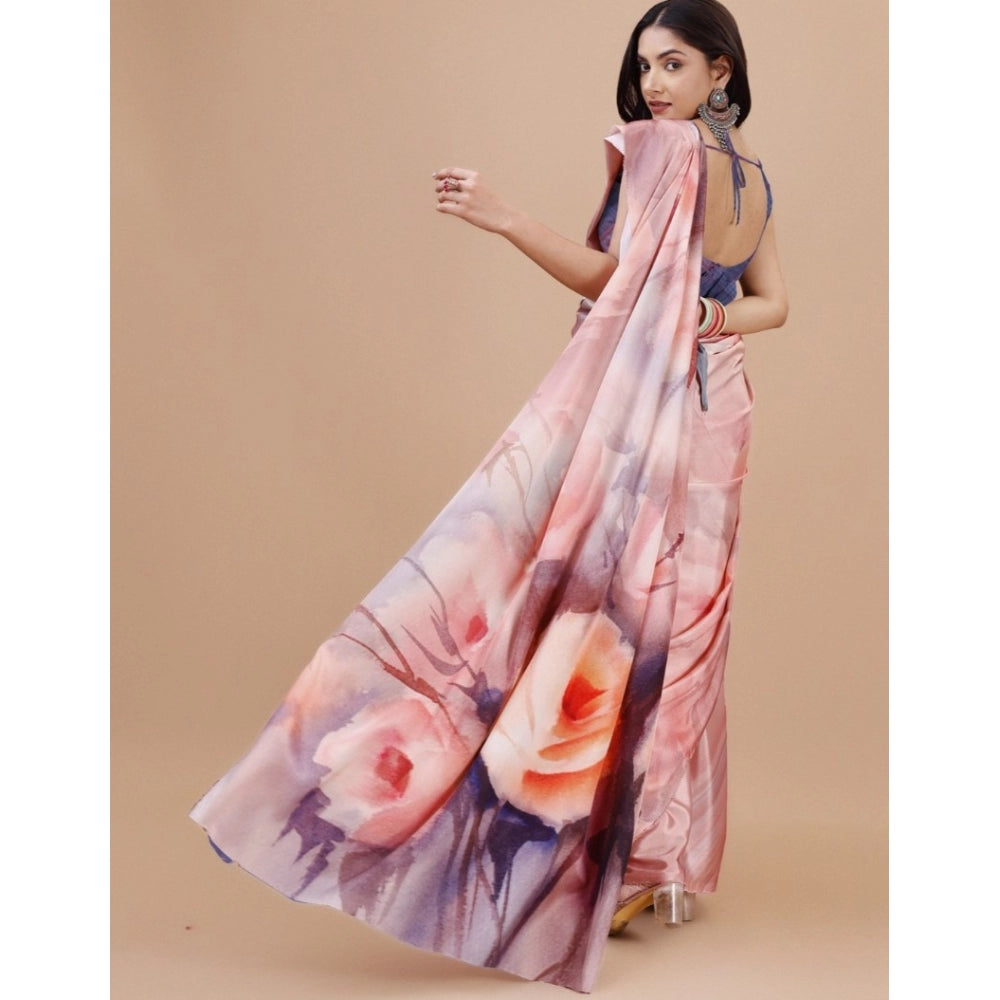 Generic Women's Crepe Digital Print Saree With Unstitched Blouse 5.5Mtr (Pink) Secondary image