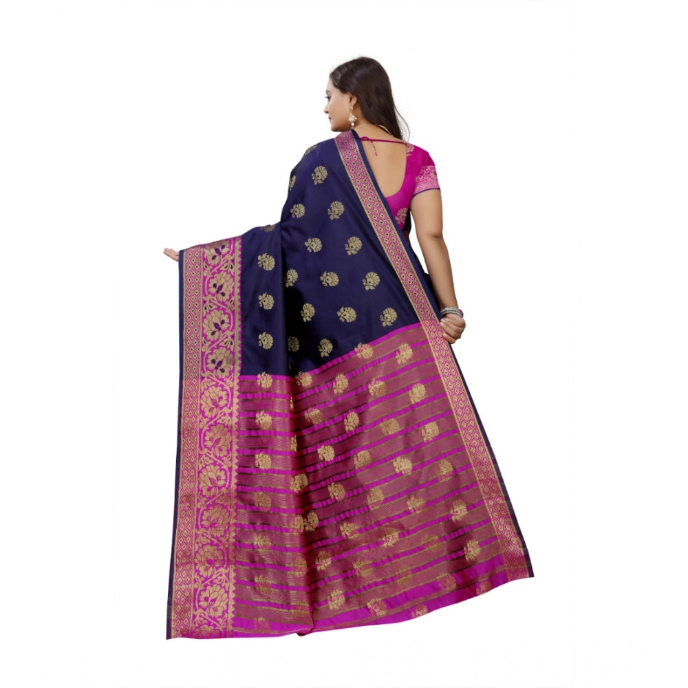 Generic Women's Silk Blend Woven Saree With Unstitched Blouse 5.5Mtr (Dark Blue-Pink) Secondary image