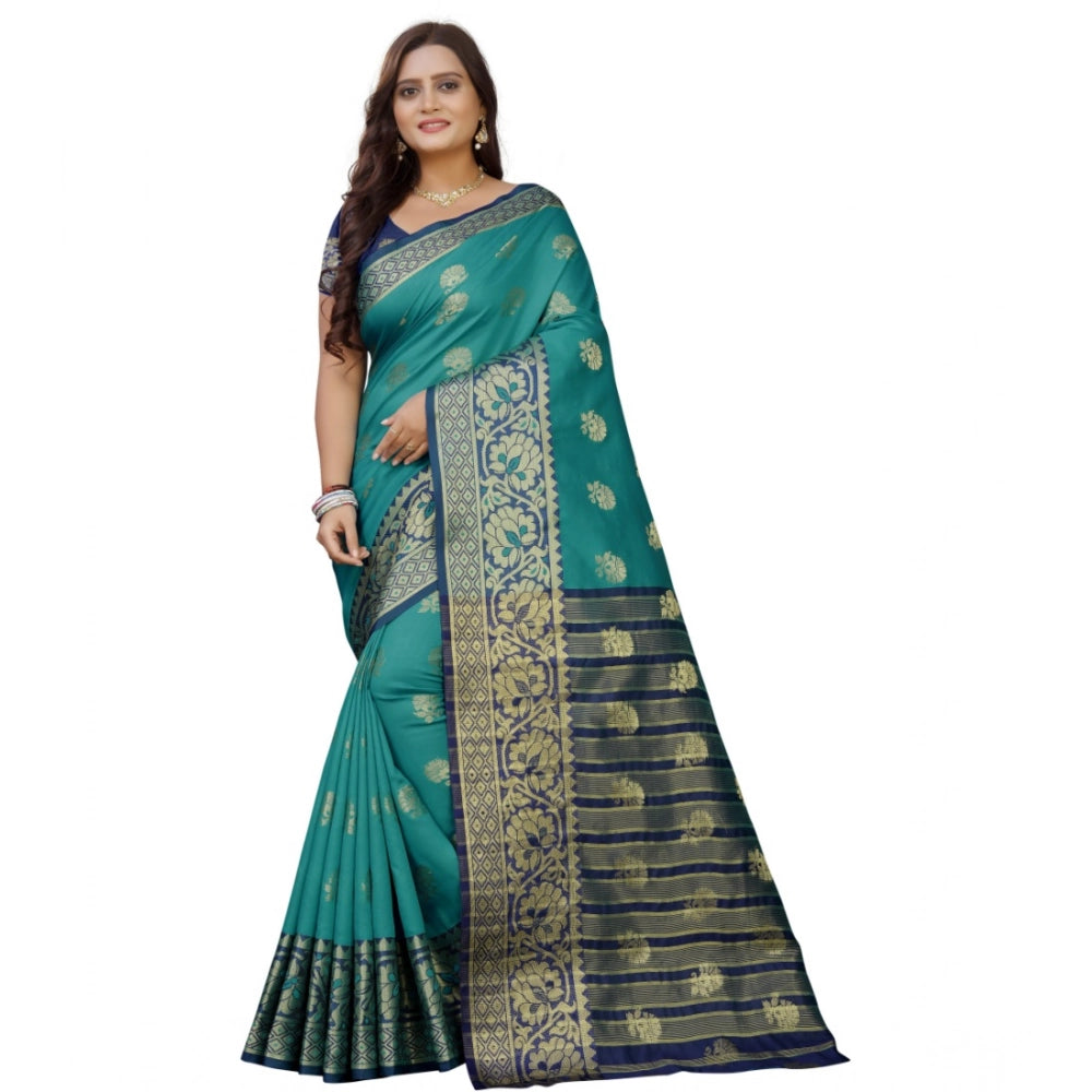 Generic Women's Silk Blend Woven Saree With Unstitched Blouse 5.5Mtr (Dark Blue-Green) Main image