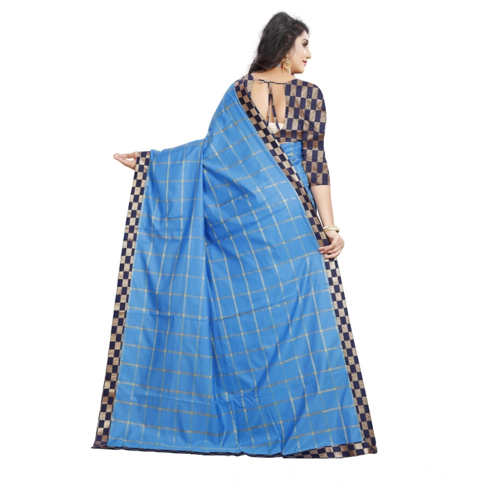 Generic Women's Cotton Silk Checkered Saree With Unstitched Blouse 5.5Mtr (Light Blue) Secondary image