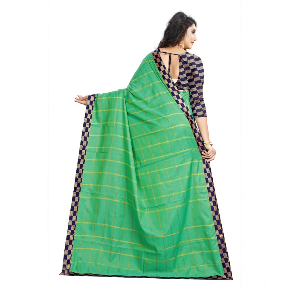 Generic Women's Cotton Silk Checkered Saree With Unstitched Blouse 5.5Mtr (Green) Secondary image