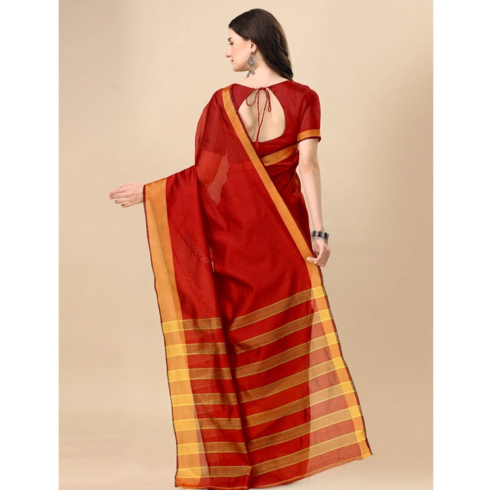 Generic Women's Cotton Silk Striped Saree With Unstitched Blouse 5.5Mtr (Red) Secondary image