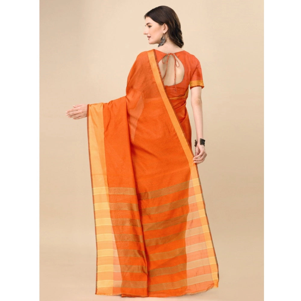 Generic Women's Cotton Silk Striped Saree With Unstitched Blouse 5.5Mtr (Orange) Secondary image