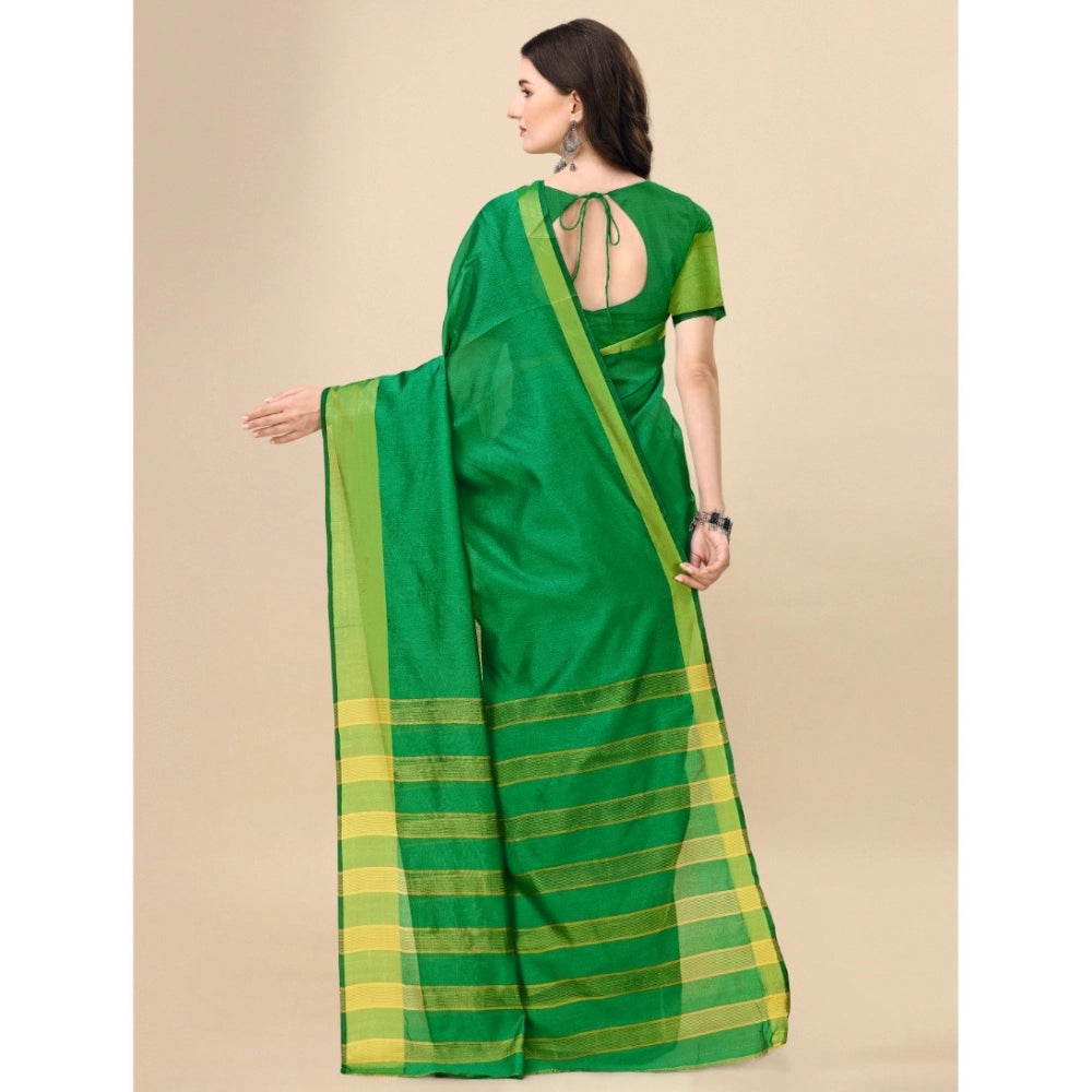Generic Women's Cotton Silk Striped Saree With Unstitched Blouse 5.5Mtr (Green) Secondary image