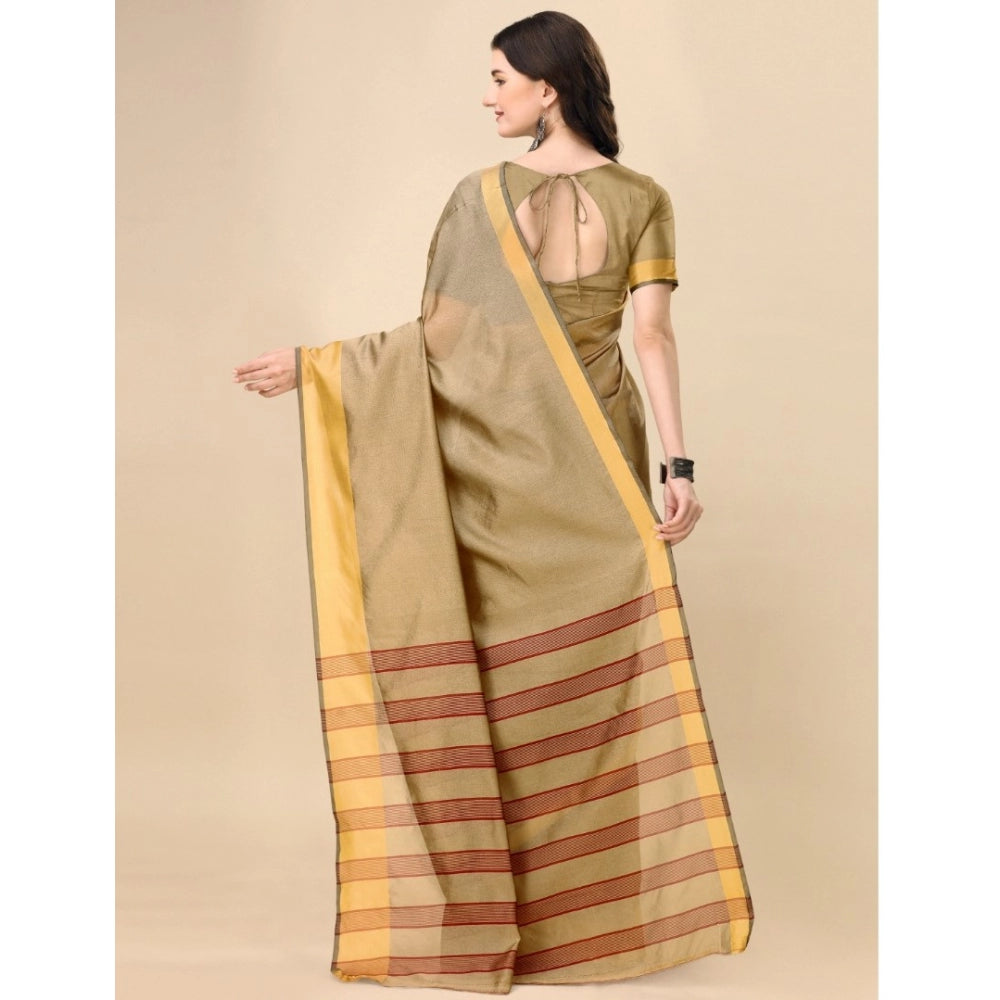Generic Women's Cotton Silk Striped Saree With Unstitched Blouse 5.5Mtr (Cream) Secondary image