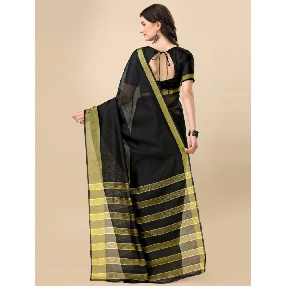 Generic Women's Cotton Silk Striped Saree With Unstitched Blouse 5.5Mtr (Black) Secondary image