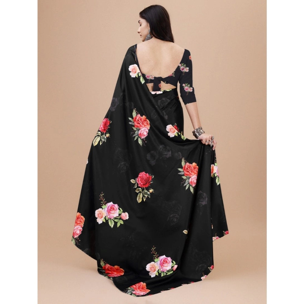 Generic Women's Crepe Digital Print Saree With Unstitched Blouse 5.5Mtr (Black) Secondary image