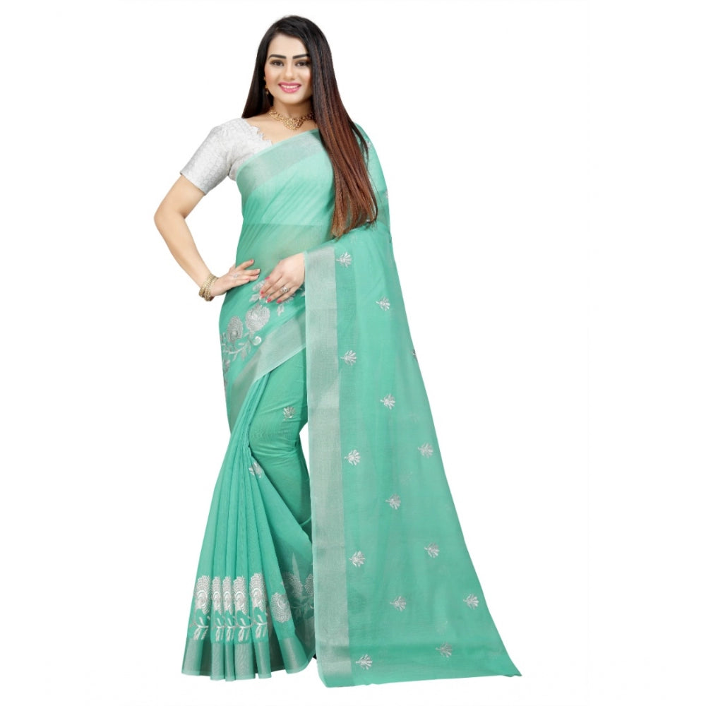 Generic Women's Cotton Silk Embroidered Saree With Unstitched Blouse 5.5Mtr (Light Green) Main image
