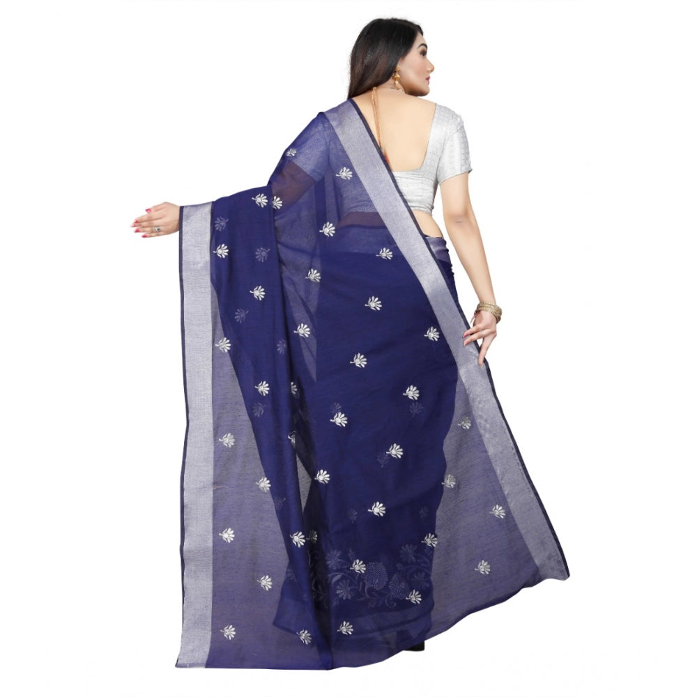 Generic Women's Cotton Silk Embroidered Saree With Unstitched Blouse 5.5Mtr (Blue) Secondary image
