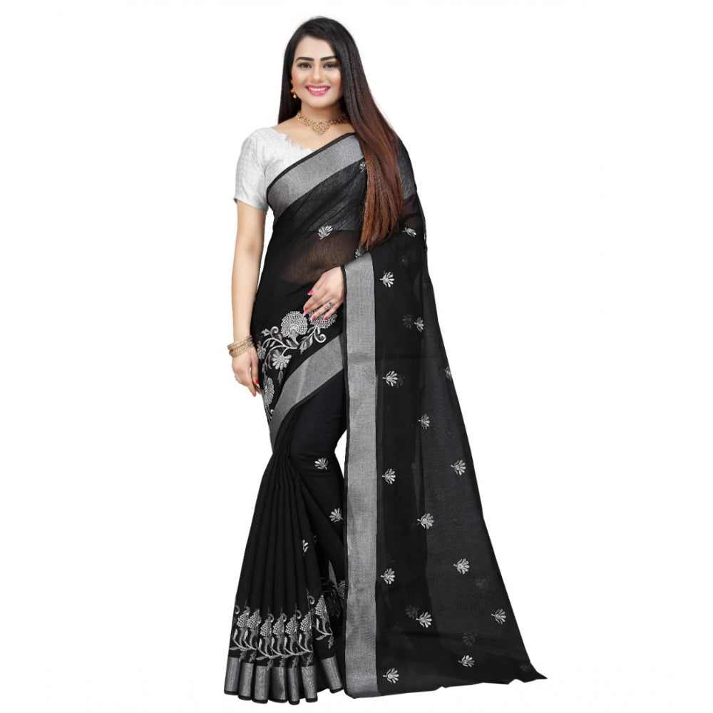 Generic Women's Cotton Silk Embroidered Saree With Unstitched Blouse 5.5Mtr (Black) Main image