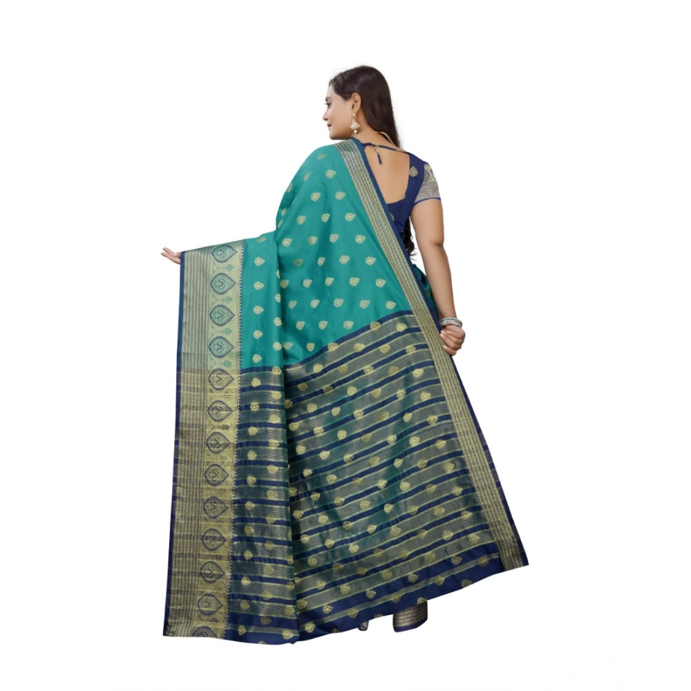 Generic Women's Silk Blend Woven Saree With Unstitched Blouse 5.5Mtr (Dark Blue-Green) Secondary image