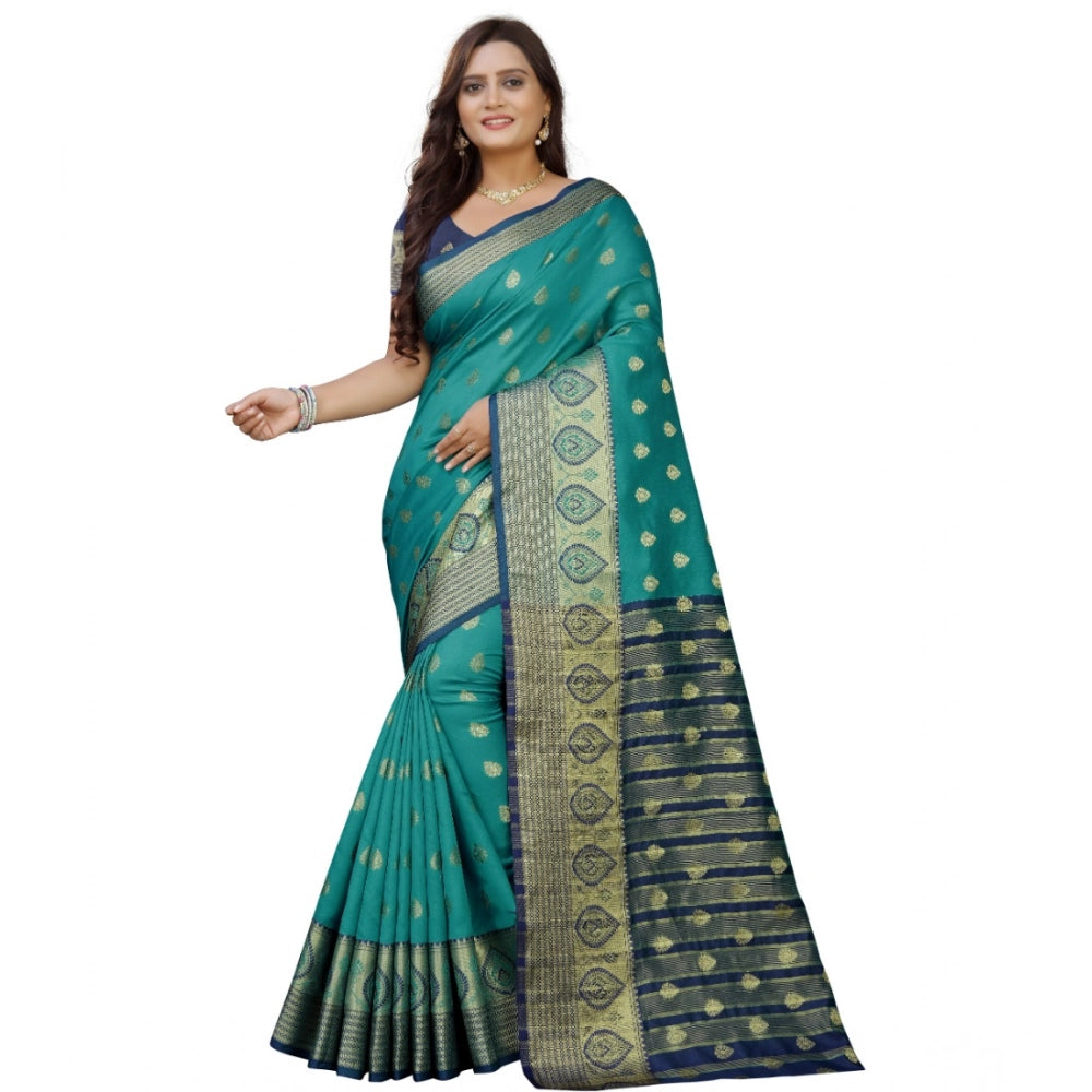 Generic Women's Silk Blend Woven Saree With Unstitched Blouse 5.5Mtr (Dark Blue-Green) Main image