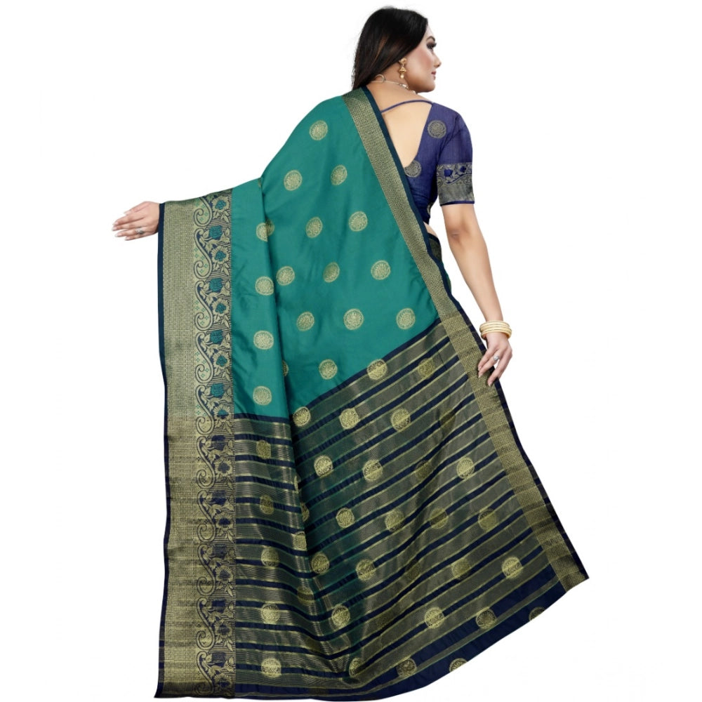 Generic Women's Silk Blend Woven Saree With Unstitched Blouse 5.5Mtr (Green-Blue) Secondary image