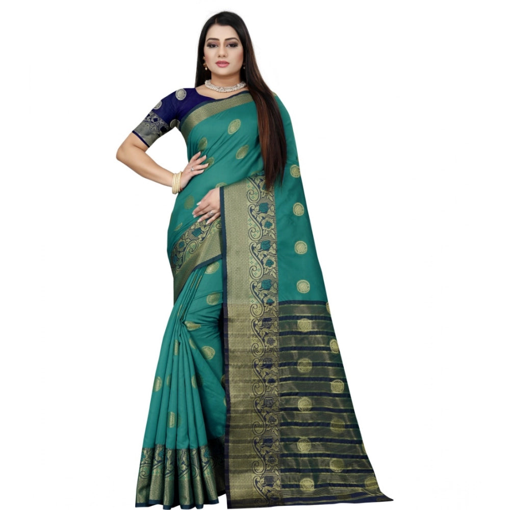 Generic Women's Silk Blend Woven Saree With Unstitched Blouse 5.5Mtr (Green-Blue) Main image