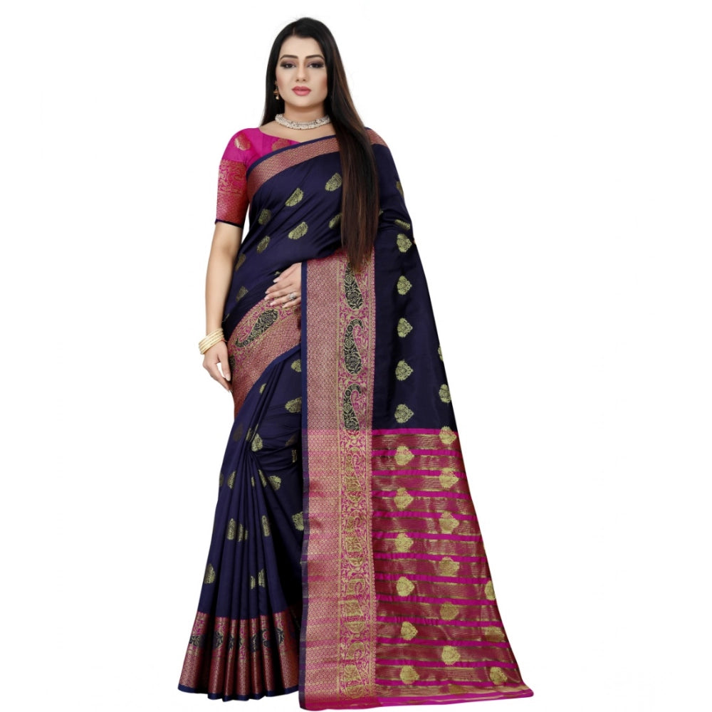 Generic Women's Silk Blend Woven Saree With Unstitched Blouse 5.5Mtr (Dark Blue-Pink) Main image