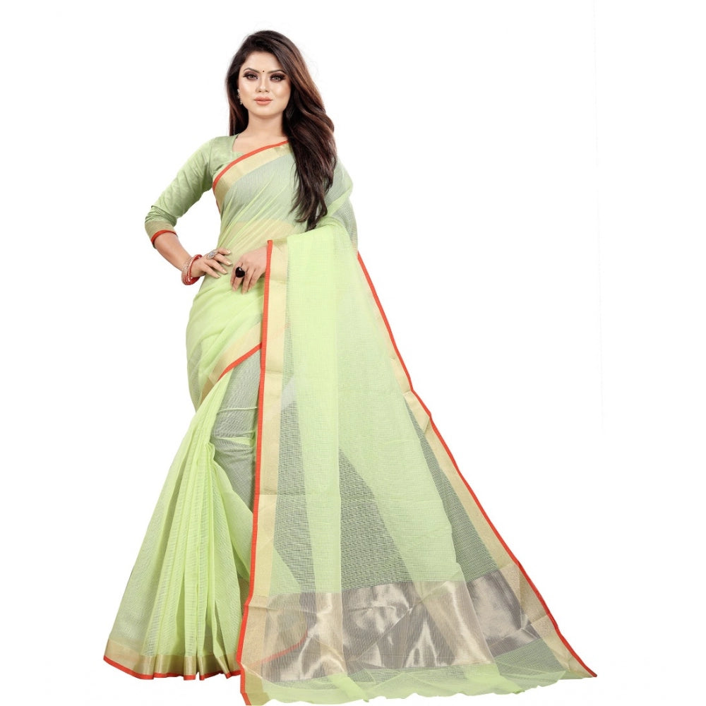 Generic Women's Cotton Silk Checkered Saree With Unstitched Blouse 5.5Mtr (Green) Main image