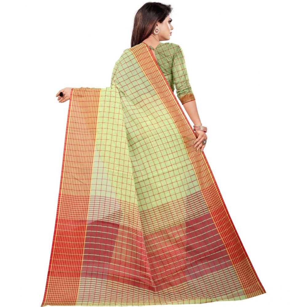 Generic Women's Cotton Silk Checkered Saree With Unstitched Blouse 5.5Mtr (Green) Secondary image