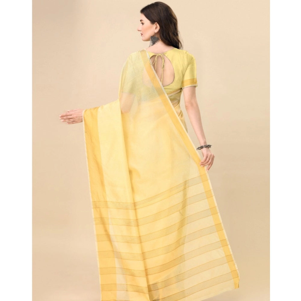 Generic Women's Cotton Silk Striped Saree With Unstitched Blouse 5.5Mtr (Yellow) Secondary image